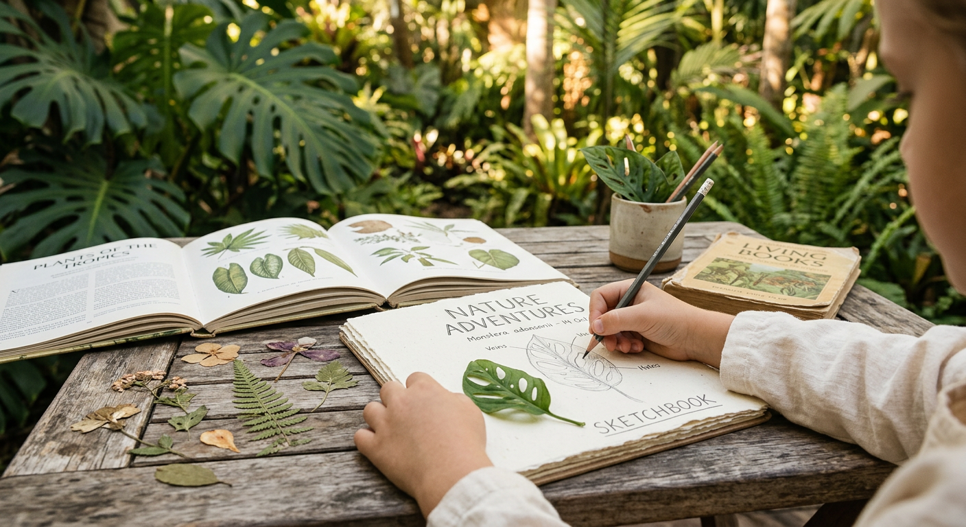 Tangan anak menggambar daun di jurnal alam, ditemani buku-buku pustaka hidup di taman